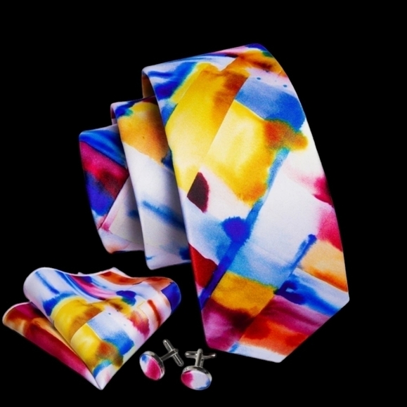 NWT Barry Wang 3pcs Tie set, 100 % silk necktie,cufflinks ,pocket square - Picture 8 of 16